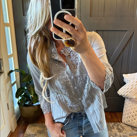 New Bohemian Grey Lace 3/4 Sleeve Button Front Floral Romantic Blouse Top - Picture 8 of 11